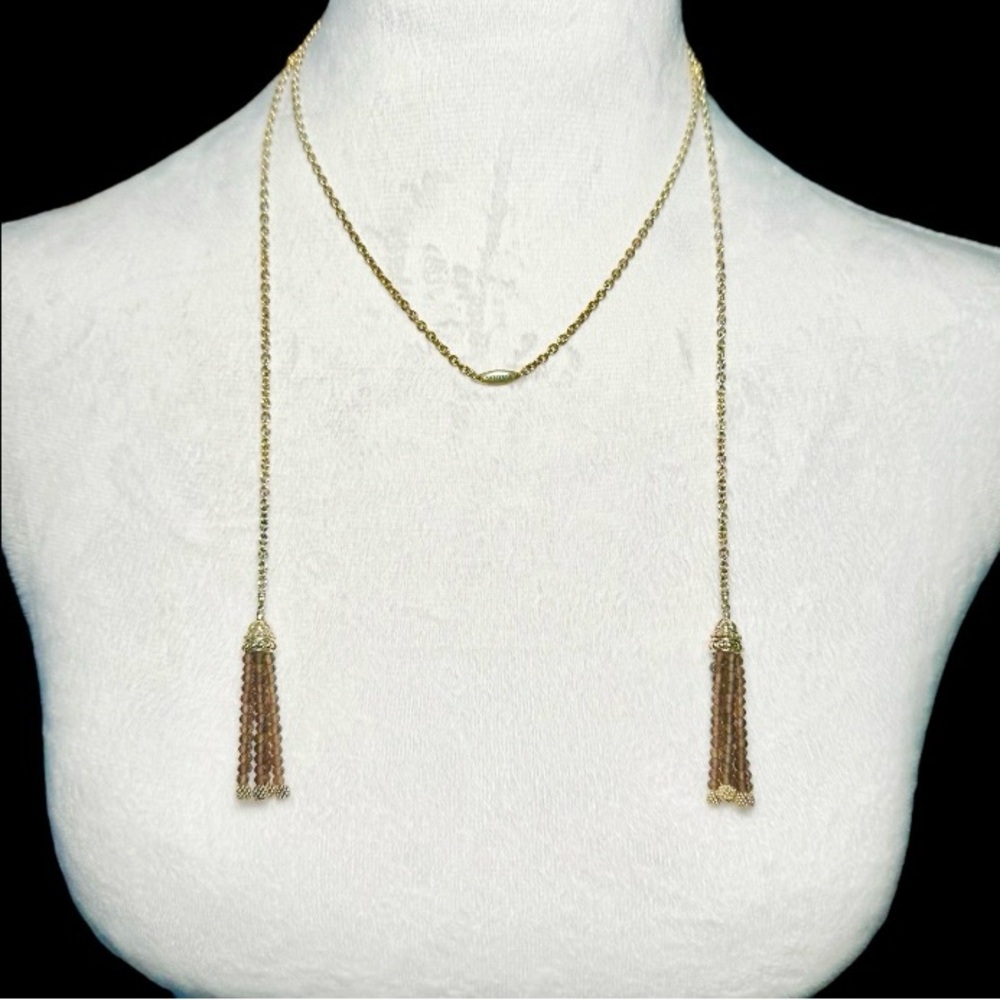 Lagos Estate Two Tone Caviar Smoky Quartz Double Tassel Lariat Station Necklace